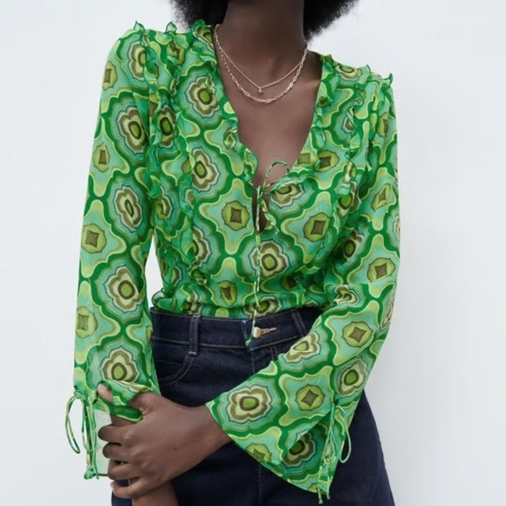 Zara blogger favorite geometric print sheer blouse top with ruffles